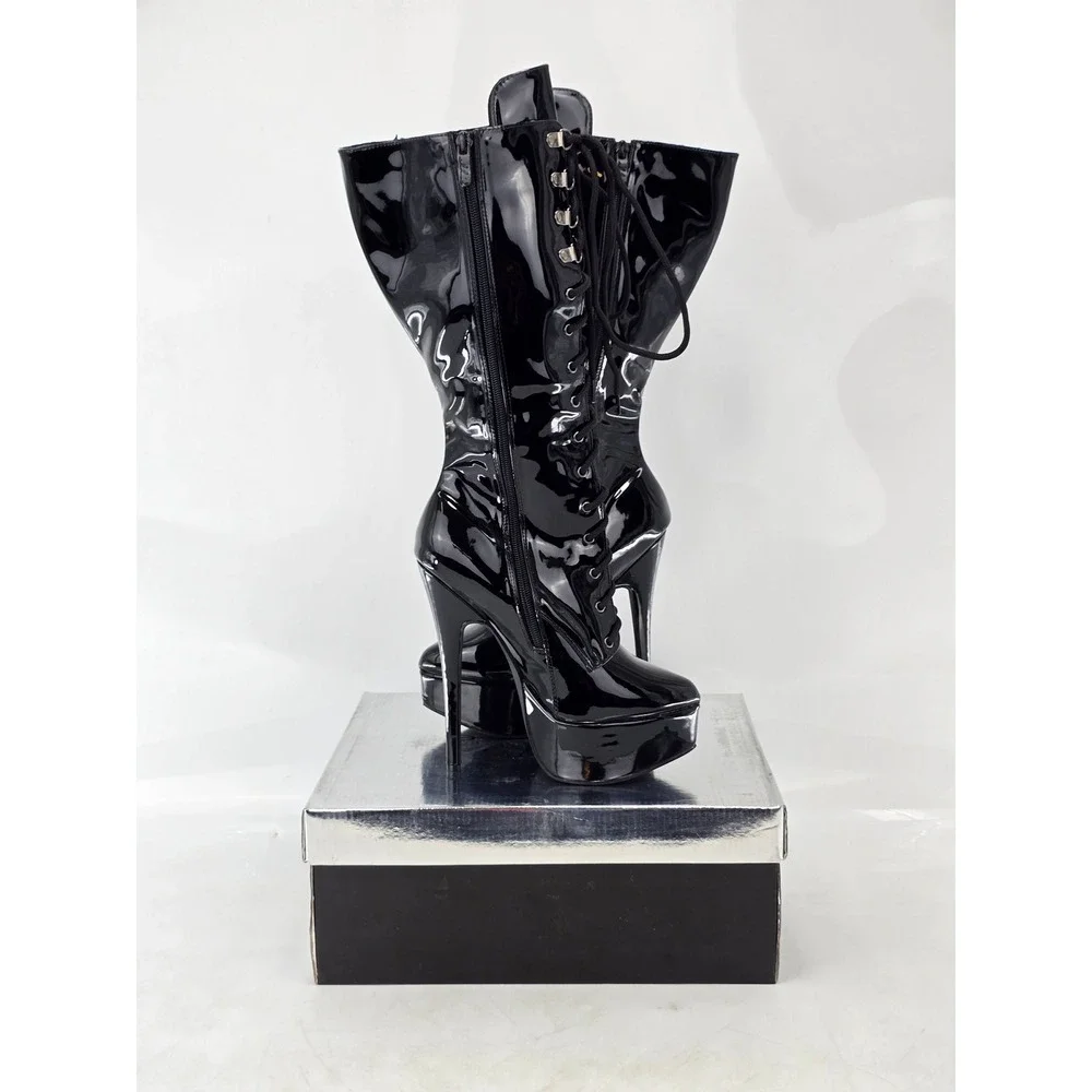 Ellie Shoes 652-Countess Knee High Boots Womens 7 Black Patent Lace Up -NEW
